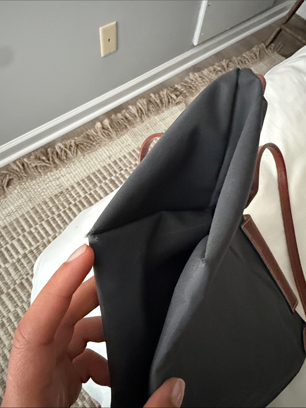 Longchamp Navy Nylon Tote with Brown Leather Trim - Picture 6 of 7